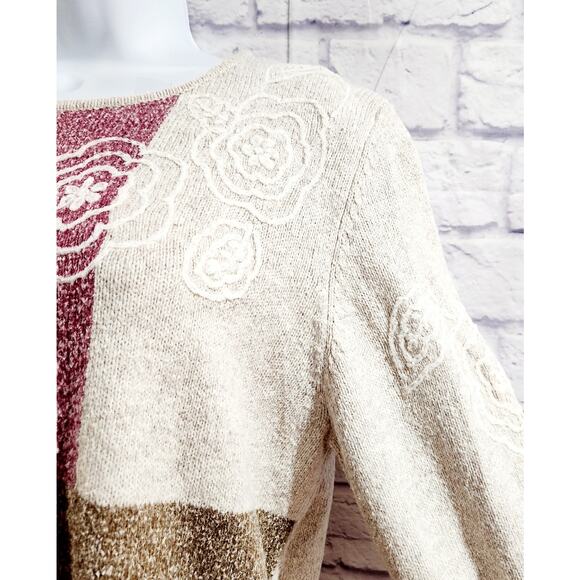 Allison Daley Beige Green Color Block Embroidered Sweater Top PM Long Sleeves - Picture 2 of 4